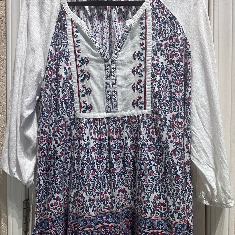 Vintage America Embroidered Boho Peasant Top - White with Blue & Red Print - Picture 3 of 5